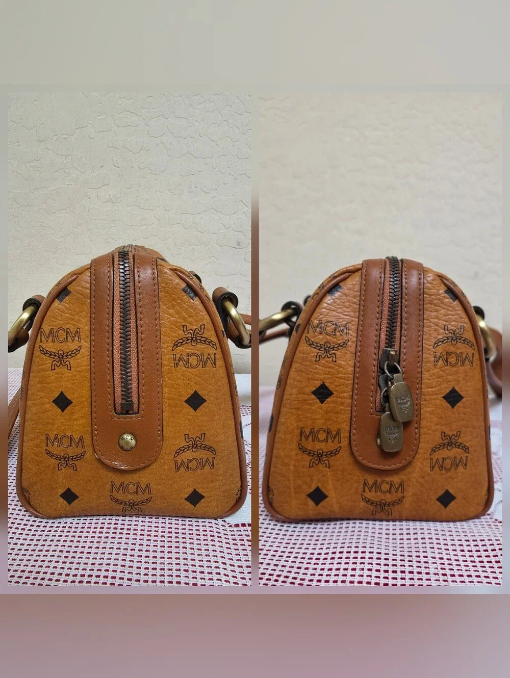 MCM Cognac Monogram Handbag Medium Satchel Bag AUTHENTIC